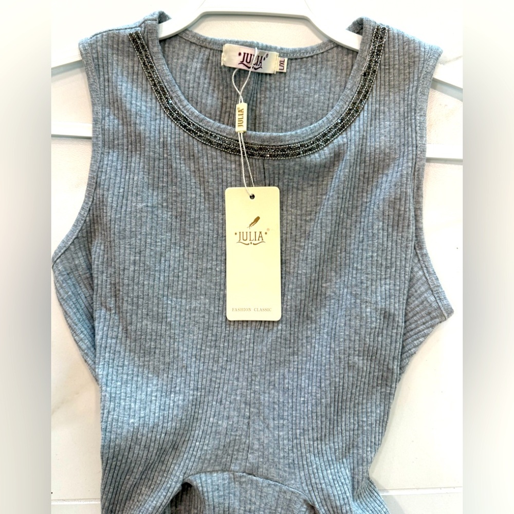 Julia Dress Embellished, Gray Ribbed, Tie Back, NWT Sz L/XL